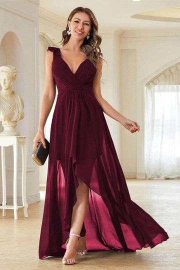 A-Line burgunder V-hals Chiffon High Low Prom kjole